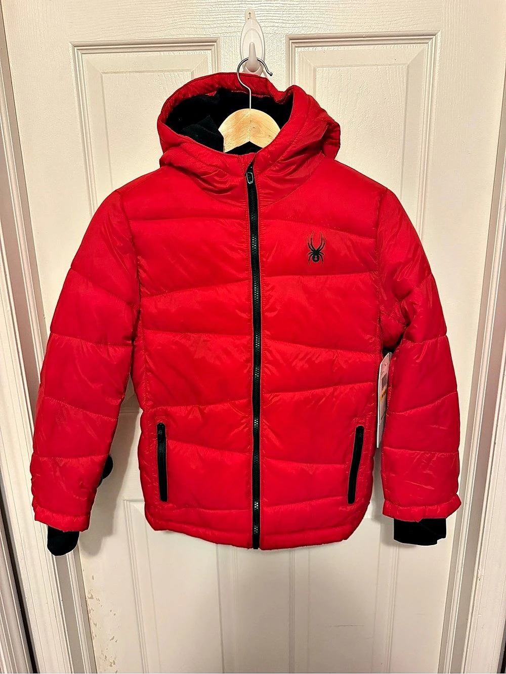 Spyder Boys Puffer Jacket Full Zip Hooded Pockets Water Resistant Red Size 10-12
